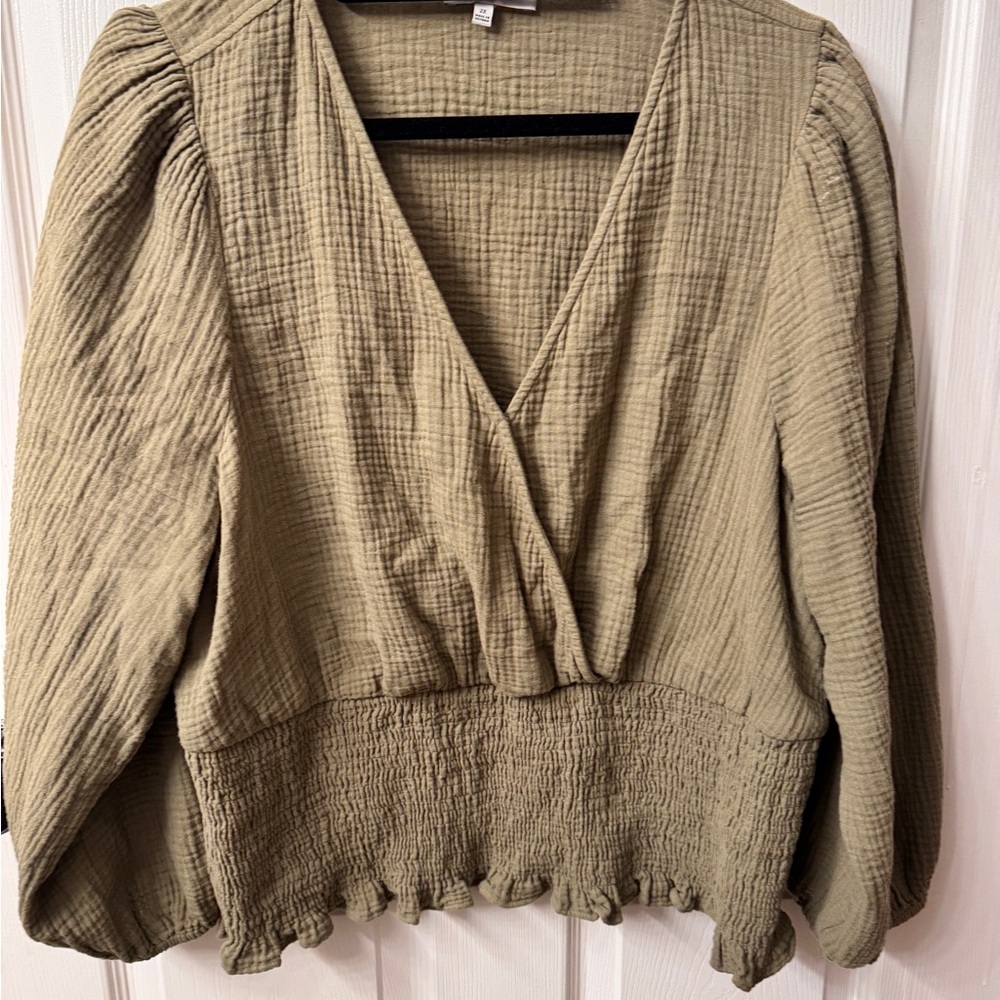 Madewell Olive green Wrap Blouse Smocked with Long Sleeves